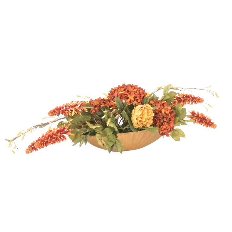 Rust And Gold Mixed Flowers In Gold Container