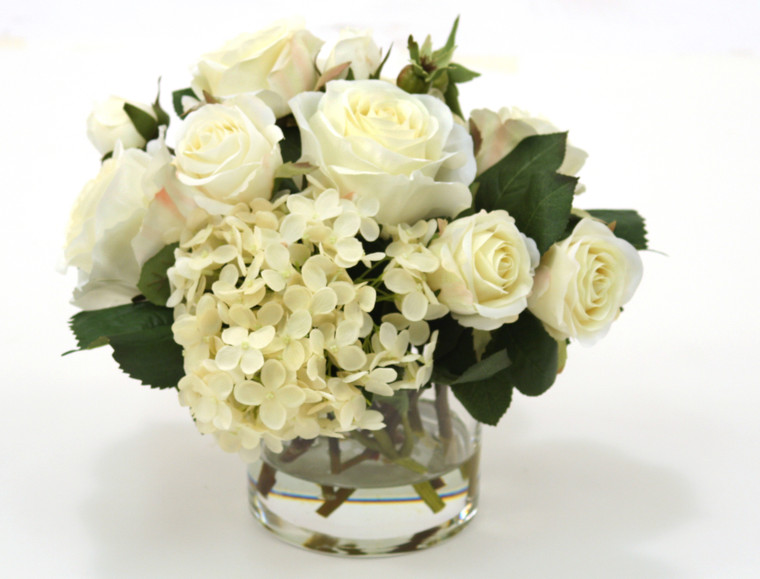 Cream-White Roses and Hydrangeas in Short Vase