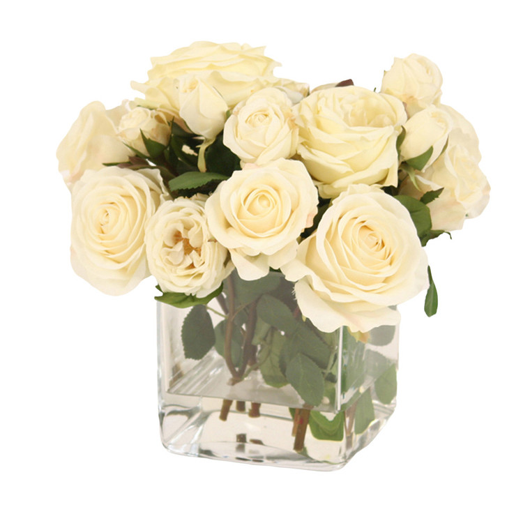 Cream White Roses in Square Glass Vase