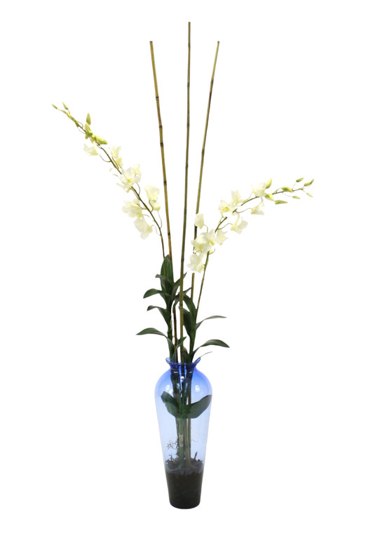 White Dendrobium Orchid with Bamboo in Blue Victorian Glass Vase