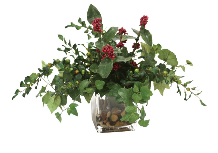 Mixed Greenery, Plum Berries in Glass Cube