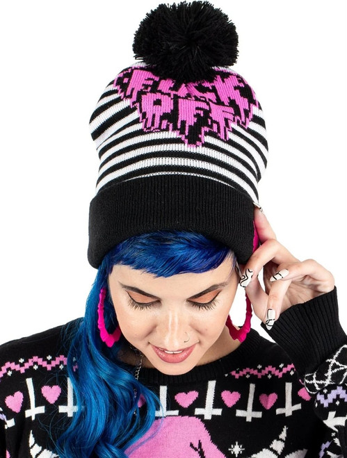 Too Fast F Off Heart Striped Pom Pom Knit Beanie
