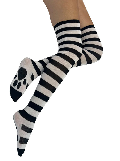 Pamela Mann Striped Over the Knee Socks with Paw Print Sole