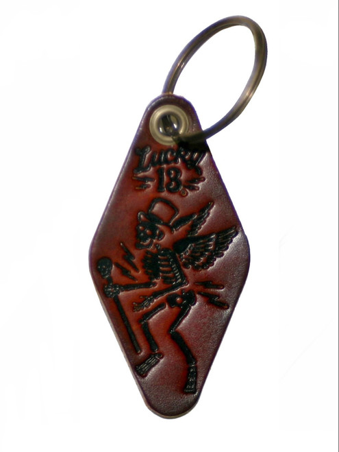 Lucky 13 Skully Motel Leather Embossed Keychain: Antiqued Brown