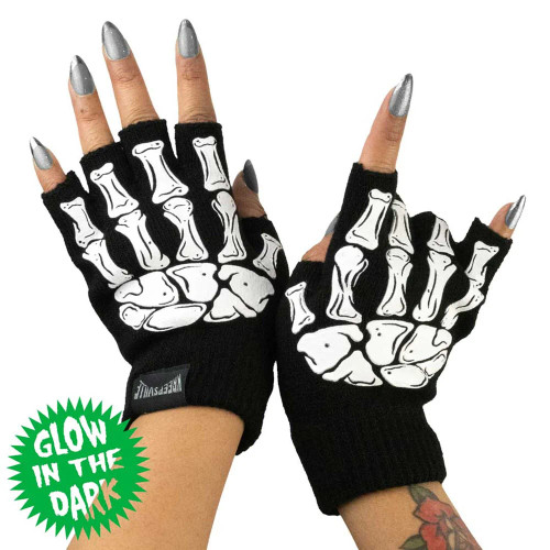 Kreepsville 666 Fingerless Skeleton Hand Knit Gloves - Glow In The Dark!