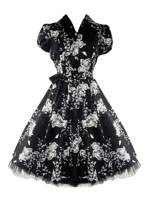 Hearts and Roses 50's Black Floral Tea Dress - 4XL / UK 22