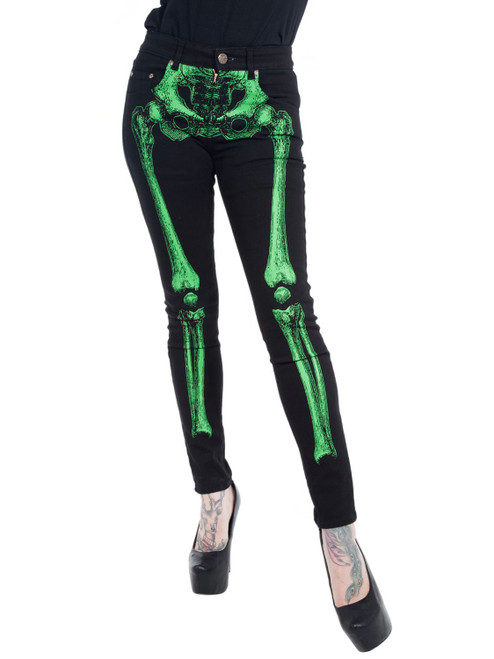 Kreepsville 666 Skeleton Unisex Skinny Jeans: Green Bone Kreepsville 666 Skeleton Unisex Skinny Jeans: Green Bone
