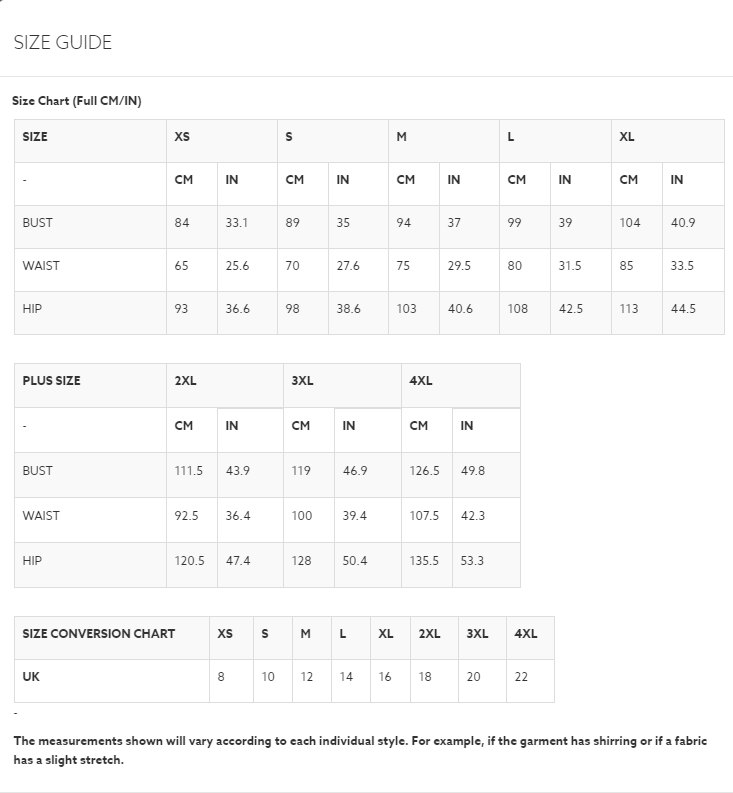 Hell Bunny Size Chart