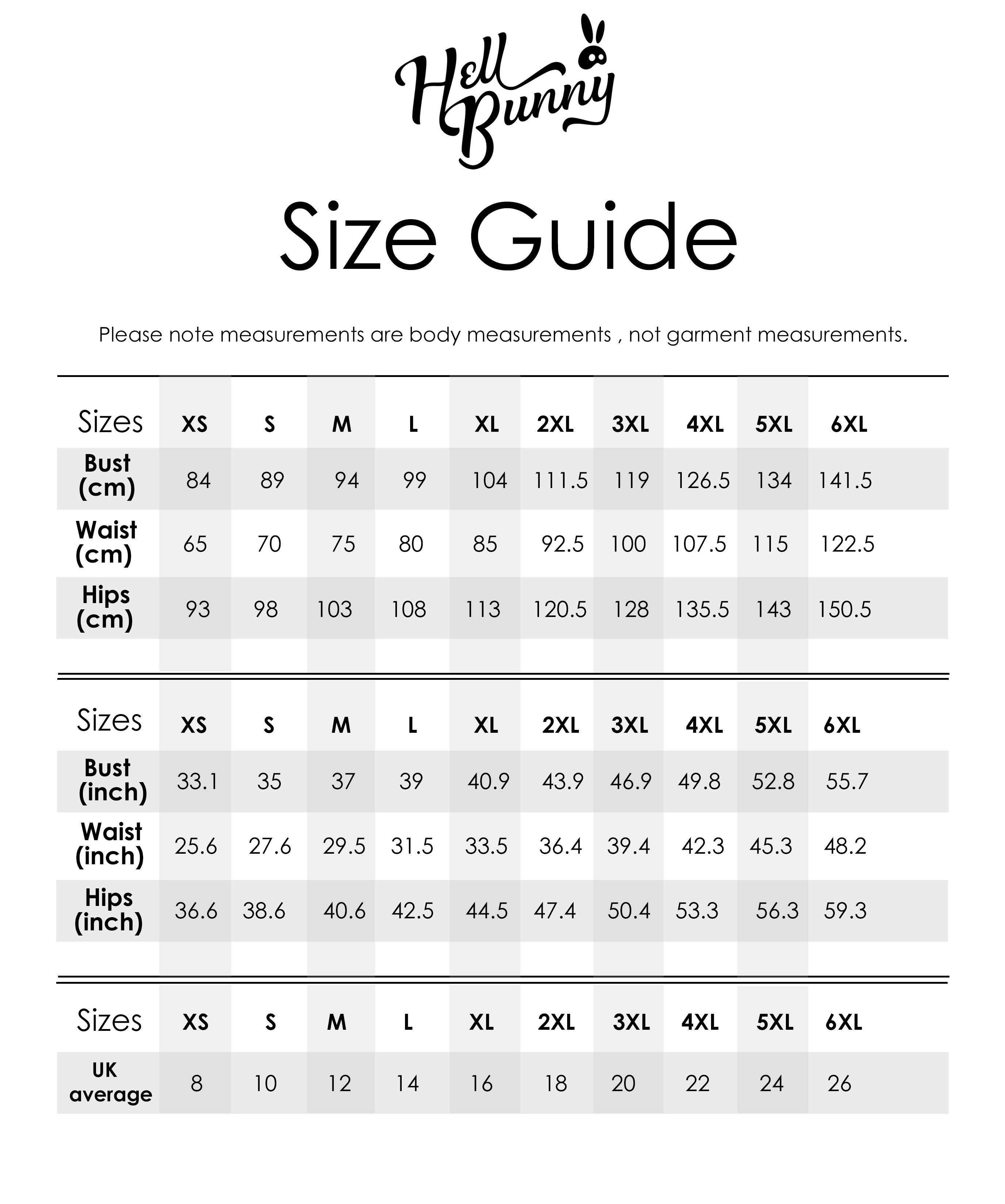 Hell Bunny Size Chart