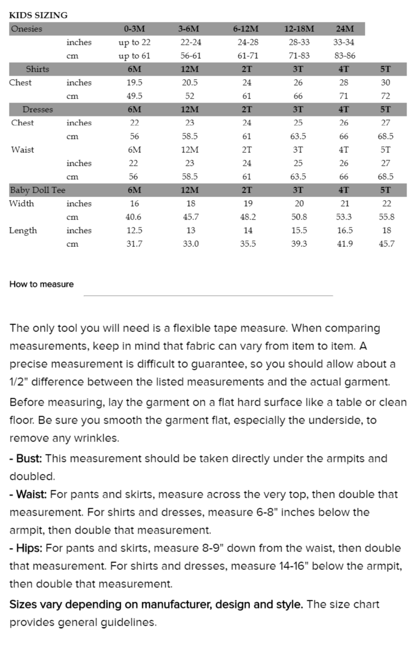 Killstar Size Chart