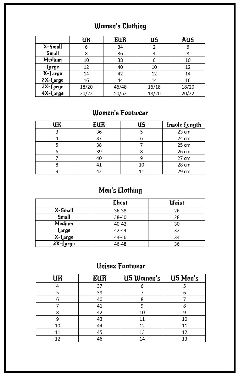 Demonia Size Chart