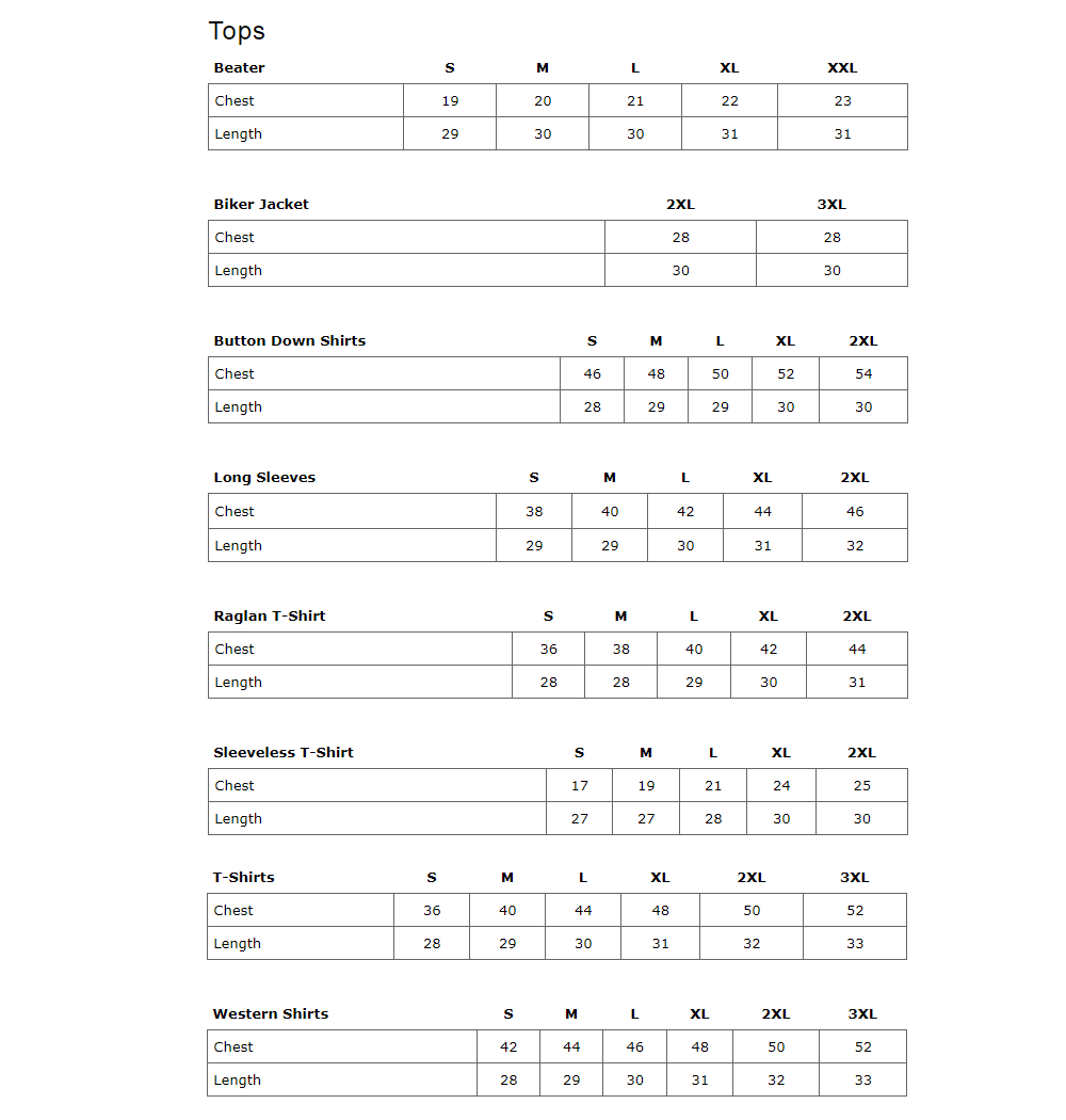 Mens Tops Size Chart