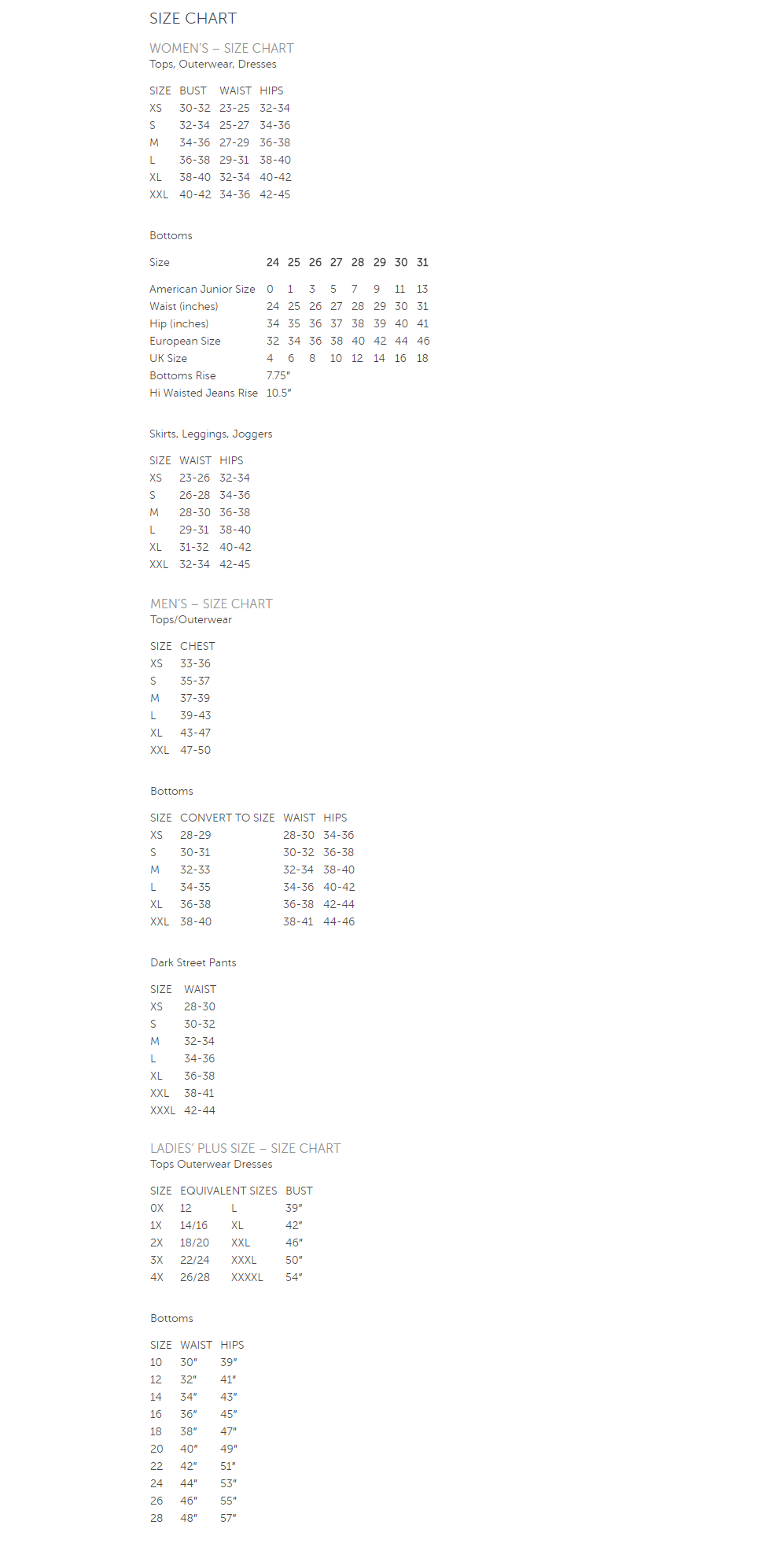 Tripp NYC Size Chart