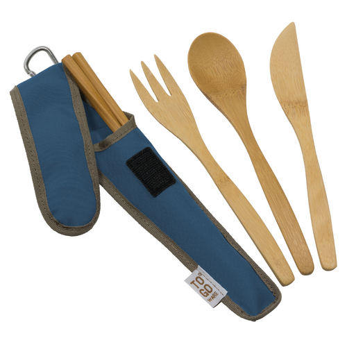 Bamboo Utensil Set in a Blue Carrying Case