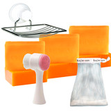 6 Bars of 135g Kojie San Kojic Acid Soap, 1 Relumins Soap Net, 1 Relumins Soap Dish, and 1 Deep Pore Cleansing Brush