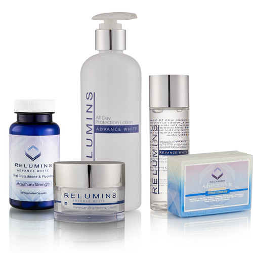 NEW LOOK!! Relumins Advance Day Whitening Set includes Oral Capsule, Day Lotion, Intensive Repair Solution, Day Cream, and Stem Cell Soap