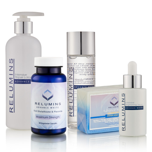 Relumins Advance Repair Whitening Set includes Oral Capsule, Night Lotion, Intensive Repair Solution, Repair Serum, and Stem Cell Soap