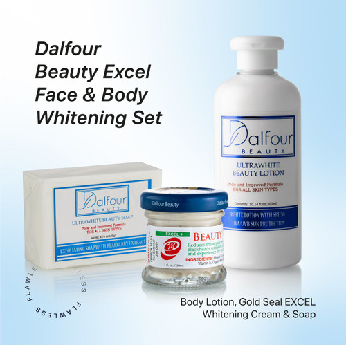Dalfour Beauty Excel Face &Body Whitening  Set -  Body Lotion, Gold Seal EXCEL+ Whitening Cream & Soap