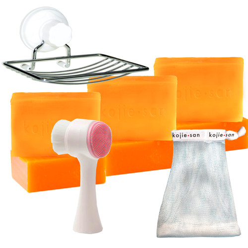 6 Bars of 135g Kojie San Kojic Acid Soap, 1 Relumins Soap Net, 1 Relumins Soap Dish, and 1 Deep Pore Cleansing Brush