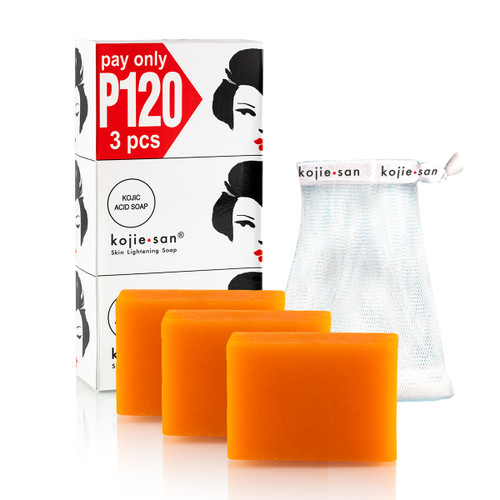 Kojie San Skin Lightening Kojic Acid Soap 3 Bars - 100g - With FREE Soap net!!