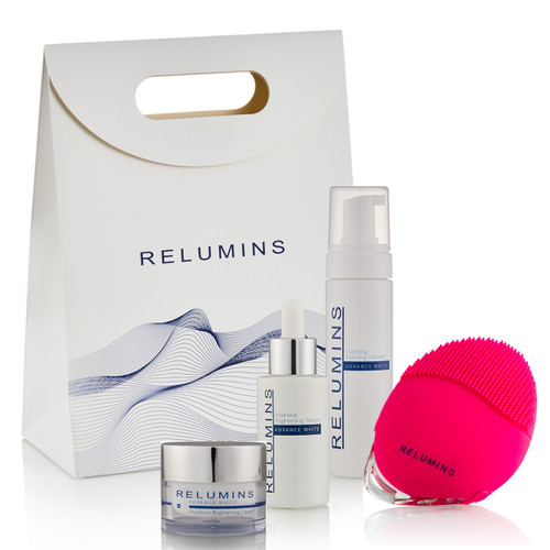 Authentic Relumins Complete AM Skin Care Routine - Clarifying Foam Cleanser, Face Massager, Repair Serum, and Facial Cream