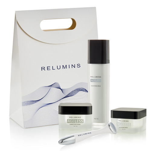 Authentic Relumins Ageless Set - Firming Face Cream, Night Mask, Smoothing Serum, and Transdermal Tool