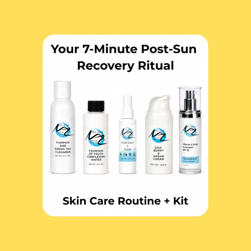After a day in the sun, your skin craves calm hydration and nourishment. Restore your glow in just 7 minutes with this soothing My Zen Skin Care ritual designed to replenish stressed, dehydrated summer skin naturally.
Here's Your 7-Minute Post-Sun Recovery Ritual

    - Cleanse for 60 seconds using our Pumpkin and Green Tea Cleanser to gently refresh and awaken tired skin
    - Apply 2–3 spritzes of Your Daily C Elixir to brighten and replenish
    - Hydrate a paper mask with our Fountain of Youth Complexion Water and leave mask on for 5 minutes for a cooling wave of deep hydration
    - Finish with your favorite moisturizer (Goji Berry and Argan Cream) to lock in softness and glow
    - Apply SPF in daytime (Vitamin E Daily Sunscreen) to help protect and maintain healthy looking-skin

Your skin deserves a moment of restoration. Take 7 minutes after a day in the sun to relax, reset, and glow naturally.

Your skin will thank you!

My Zen Skin Care is focused on keeping your skin naturally healthy as you move through your lifespan using natural ethically sourced cruelty free ingredients with antioxidant and skin energizing properties.