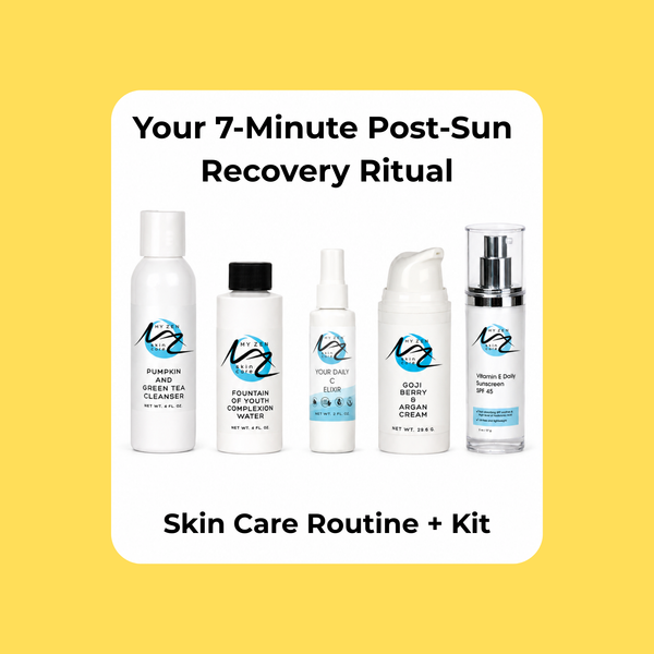 After a day in the sun, your skin craves calm hydration and nourishment. Restore your glow in just 7 minutes with this soothing My Zen Skin Care ritual designed to replenish stressed, dehydrated summer skin naturally.
Here's Your 7-Minute Post-Sun Recovery Ritual

    - Cleanse for 60 seconds using our Pumpkin and Green Tea Cleanser to gently refresh and awaken tired skin
    - Apply 2–3 spritzes of Your Daily C Elixir to brighten and replenish
    - Hydrate a paper mask with our Fountain of Youth Complexion Water and leave mask on for 5 minutes for a cooling wave of deep hydration
    - Finish with your favorite moisturizer (Goji Berry and Argan Cream) to lock in softness and glow
    - Apply SPF in daytime (Vitamin E Daily Sunscreen) to help protect and maintain healthy looking-skin

Your skin deserves a moment of restoration. Take 7 minutes after a day in the sun to relax, reset, and glow naturally.

Your skin will thank you!

My Zen Skin Care is focused on keeping your skin naturally healthy as you move through your lifespan using natural ethically sourced cruelty free ingredients with antioxidant and skin energizing properties.