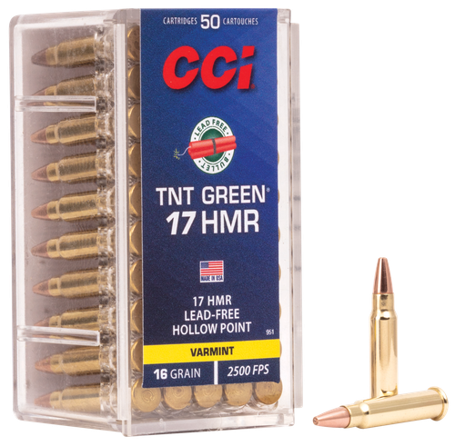 CCI Ammunition TNT Green, 17 HMR, 16 Grain, Hollow Point, Lead Free, California Certified Nonlead Ammunition 951