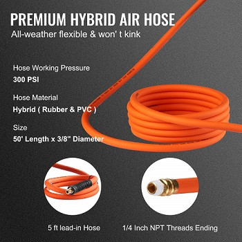3/8 X 50ft Heavy Duty Rubber Air Hose - 300PSI With 1/4" NPT Fittings