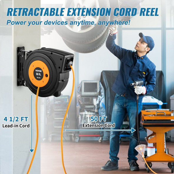 VEVOR 50ft Retractable Extension Cord Reel 14AWG/3CSJTOW Power Cord Reel VEVOR 50ft Retractable Extension Cord Reel 14AWG/3CSJTOW Power Cord Reel