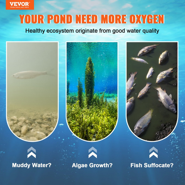 VEVOR 3/4HP Pond Aerator Kit – 550W Compressor, 5.2CFM, 200' Weighted Tubing & 2 Diffusers for Lakes
