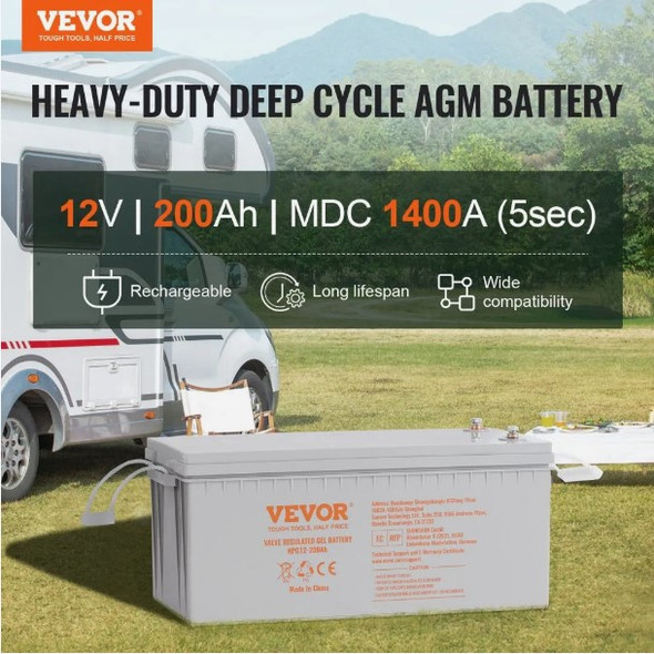 VEVOR Deep Cycle Battery, 12V 200 AH, AGM Marine Rechargeable Battery, High Self-Discharge Rate 1400A Current, for RV Solar Marine Off-Grid Applications UPS Backup Power System, Tested to UL Standards VEVOR Deep Cycle Battery, 12V 200 AH, AGM Marine Rechargeable Battery, High Self-Discharge Rate 1400A Current, for RV Solar Marine Off-Grid Applications UPS Backup Power System, Tested to UL Standards