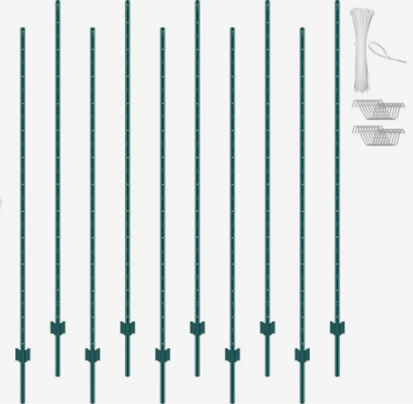 VEVOR 7 Feet Fence Post, 10 Pack T-Post Heavy Duty Metal Fence Posts with 50 Zip Ties & 20 Clips, Sturdy Steel Fence Stakes for Garden Yard, Lawn, Farms and Outdoor Wire Fencing, Green