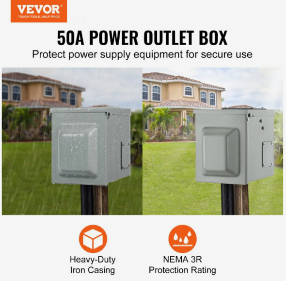 VEVOR 50 Amp RV Power Outlet Box, 125/250 Volt, Enclosed Lockable Outdoor RV Receptacle Box, NEMA 14-50R Weatherproof Electrical Panel, for RV Camper Trailer Motorhome Tested to UL Standards VEVOR 50 Amp RV Power Outlet Box, 125/250 Volt, Enclosed Lockable Outdoor RV Receptacle Box, NEMA 14-50R Weatherproof Electrical Panel, for RV Camper Trailer Motorhome Tested to UL Standards
