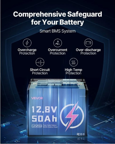 VEVOR 12V 50Ah LiFePO4 Battery, Up to 15000 Cycles, Deep Cycle Lithium Iron Phosphate Battery with Built-in BMS, Low Temperature Protection, 10 Years Lifetime, for Solar Off-Grid Home Energy Storage VEVOR 12V 50Ah LiFePO4 Battery, Up to 15000 Cycles, Deep Cycle Lithium Iron Phosphate Battery with Built-in BMS, Low Temperature Protection, 10 Years Lifetime, for Solar Off-Grid Home Energy Storage