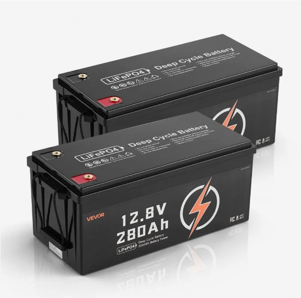 VEVOR 2 Pack 12V 280Ah LiFePO4 Battery, Up to 15000 Cycles, Deep Cycle Lithium Iron Phosphate Battery with Built-in BMS, Low Temp Protection, 10 Years Lifetime, for Solar Off-Grid Home Energy Storage VEVOR 2 Pack 12V 280Ah LiFePO4 Battery, Up to 15000 Cycles, Deep Cycle Lithium Iron Phosphate Battery with Built-in BMS, Low Temp Protection, 10 Years Lifetime, for Solar Off-Grid Home Energy Storage