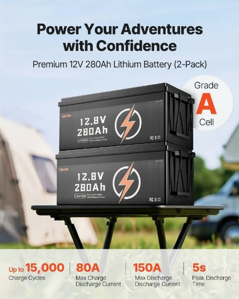 VEVOR 2 Pack 12V 280Ah LiFePO4 Battery, Up to 15000 Cycles, Deep Cycle Lithium Iron Phosphate Battery with Built-in BMS, Low Temp Protection, 10 Years Lifetime, for Solar Off-Grid Home Energy Storage VEVOR 2 Pack 12V 280Ah LiFePO4 Battery, Up to 15000 Cycles, Deep Cycle Lithium Iron Phosphate Battery with Built-in BMS, Low Temp Protection, 10 Years Lifetime, for Solar Off-Grid Home Energy Storage