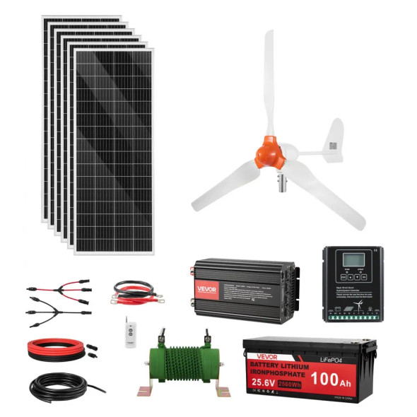 VEVOR 24V 1000W Solar Wind Power Kit, 6*100W Solar Panel + 400W Wind Turbine + 25.6V 100Ah LiFePO4 Battery + 3000W Power Inverter + MPPT Wind/Solar Hybrid Controller for Home Boat Cabin Farm Off-Grid VEVOR 24V 1000W Solar Wind Power Kit, 6*100W Solar Panel + 400W Wind Turbine + 25.6V 100Ah LiFePO4 Battery + 3000W Power Inverter + MPPT Wind/Solar Hybrid Controller for Home Boat Cabin Farm Off-Grid
