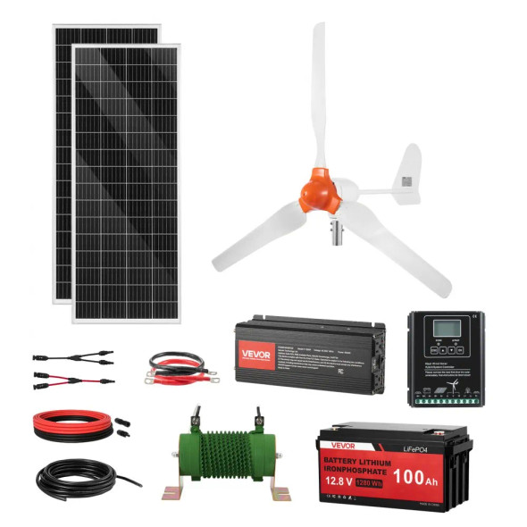 VEVOR 12V 600W Solar Wind Power Kit, 2PCS 100W Solar Panel + 400W Wind Turbine + 12.8V 100Ah LiFePO4 Battery + 1000W Power Inverter + MPPT Hybrid Controller for Home RV Boat Off-Grid Applications.