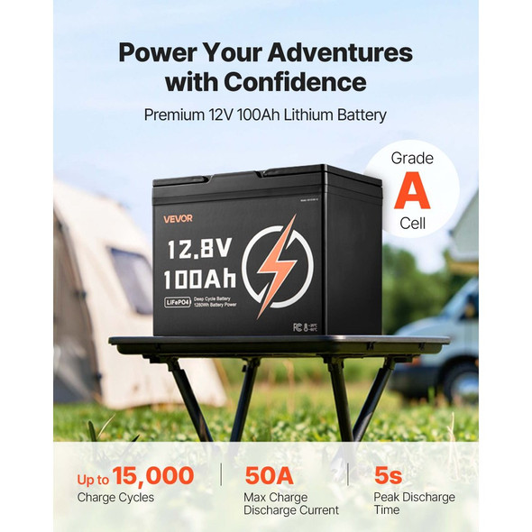 VEVOR 12V 100Ah LiFePO4 Battery, Up to 15000 Cycles, Deep Cycle Lithium Iron Phosphate Battery with Built-in BMS, Low Temperature Protection, 10 Years Lifetime, for Solar Off-Grid Home Energy Storage