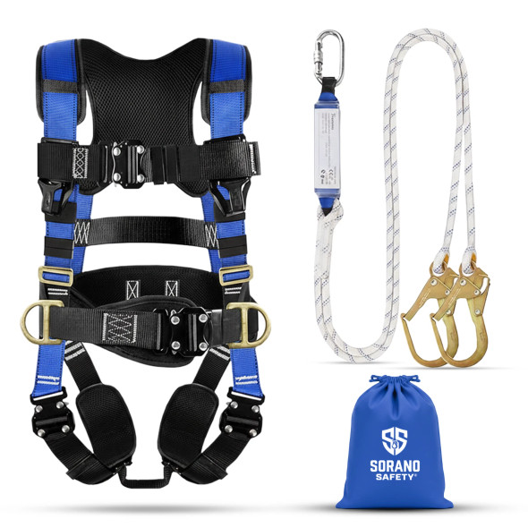 Premium Full-Body Fall Protection Safety Harness Kit – 4 Quick-Release Buckles with Breathable Multi-Point Mesh Padding & Twin-Leg Shock