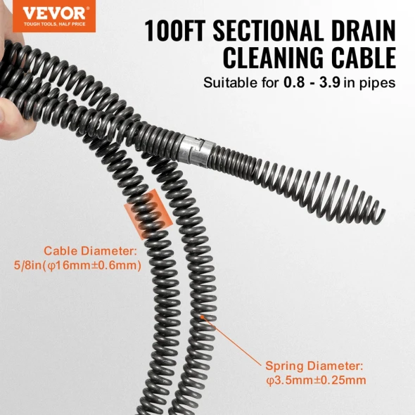VEVOR 100 ft x 5/8 in Sectional Drain Cleaning Cable with 7 Cutters