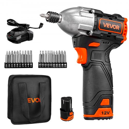 VEVOR 12V 1/4-Inch Brushless Impact Driver Kit, 1062 in-lbs, 20 Bits