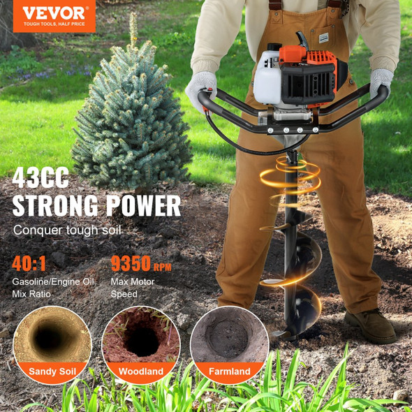 VEVOR 43cc Gas Post Hole Digger – 1250W Earth Auger with 8" Drill Bit, 30" Long Auger, & EPA Certification for Fencing, Gardening, Planting & Farmland VEVOR 43cc Gas Post Hole Digger – 1250W Earth Auger with 8" Drill Bit, 30" Long Auger, & EPA Certification for Fencing, Gardening, Planting & Farmland
