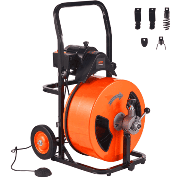 VEVOR Drain Cleaning Machine 100FT x 3/4 Inch, Sewer Snake Machine Auto Feed, Drain Auger Cleaner with 4 Cutter & Air-Activated Foot Switch for 1" to 4" Pipes for Plumbers VEVOR Drain Cleaning Machine 100FT x 3/4 Inch, Sewer Snake Machine Auto Feed, Drain Auger Cleaner with 4 Cutter & Air-Activated Foot Switch for 1" to 4" Pipes for Plumbers