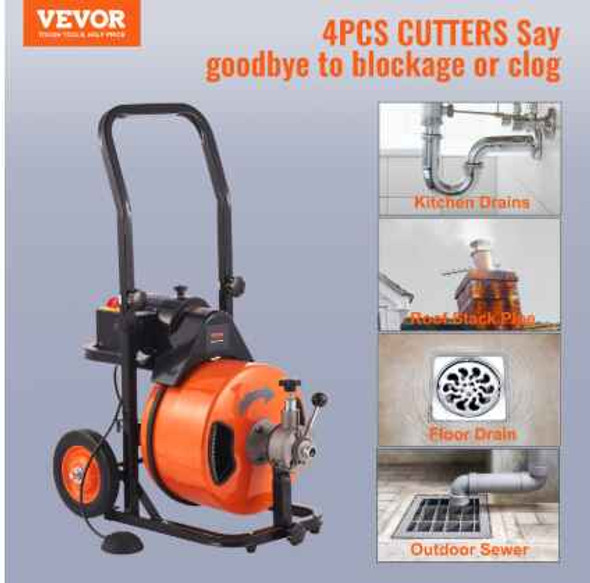 VEVOR Drain Cleaning Machine 100FT x 3/4 Inch, Sewer Snake Machine Auto Feed, Drain Auger Cleaner with 4 Cutter & Air-Activated Foot Switch for 1" to 4" Pipes for Plumbers VEVOR Drain Cleaning Machine 100FT x 3/4 Inch, Sewer Snake Machine Auto Feed, Drain Auger Cleaner with 4 Cutter & Air-Activated Foot Switch for 1" to 4" Pipes for Plumbers