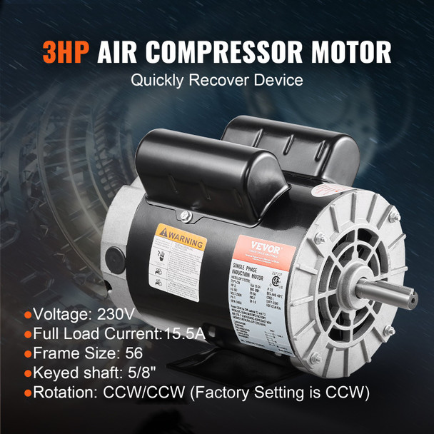 VEVOR 3HP Air Compressor Motor - 230V, 15.5A, 3450RPM, 56 Frame, Reversible CW/CCW - High-Performance Replacement Motor for Industrial & Commercial Air Compressors