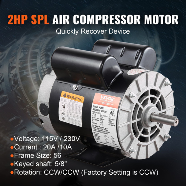 VEVOR 2HP SPL Air Compressor Motor - 115/230V, 20/10A, 3450RPM, 56 Frame,