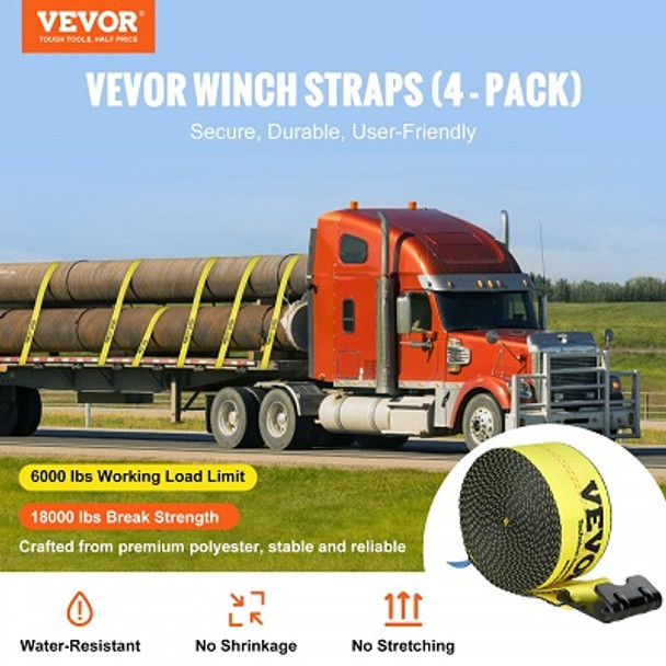 VEVOR Winch Straps 4'' x 30' 6000 lbs Load Capacity 18000 lbs Break Strength